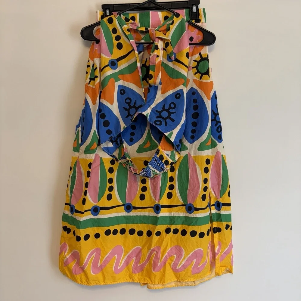 Midi‎ Skirt & Halter Top Set Med Abstract Tropical Floral Print Cotton Elastic